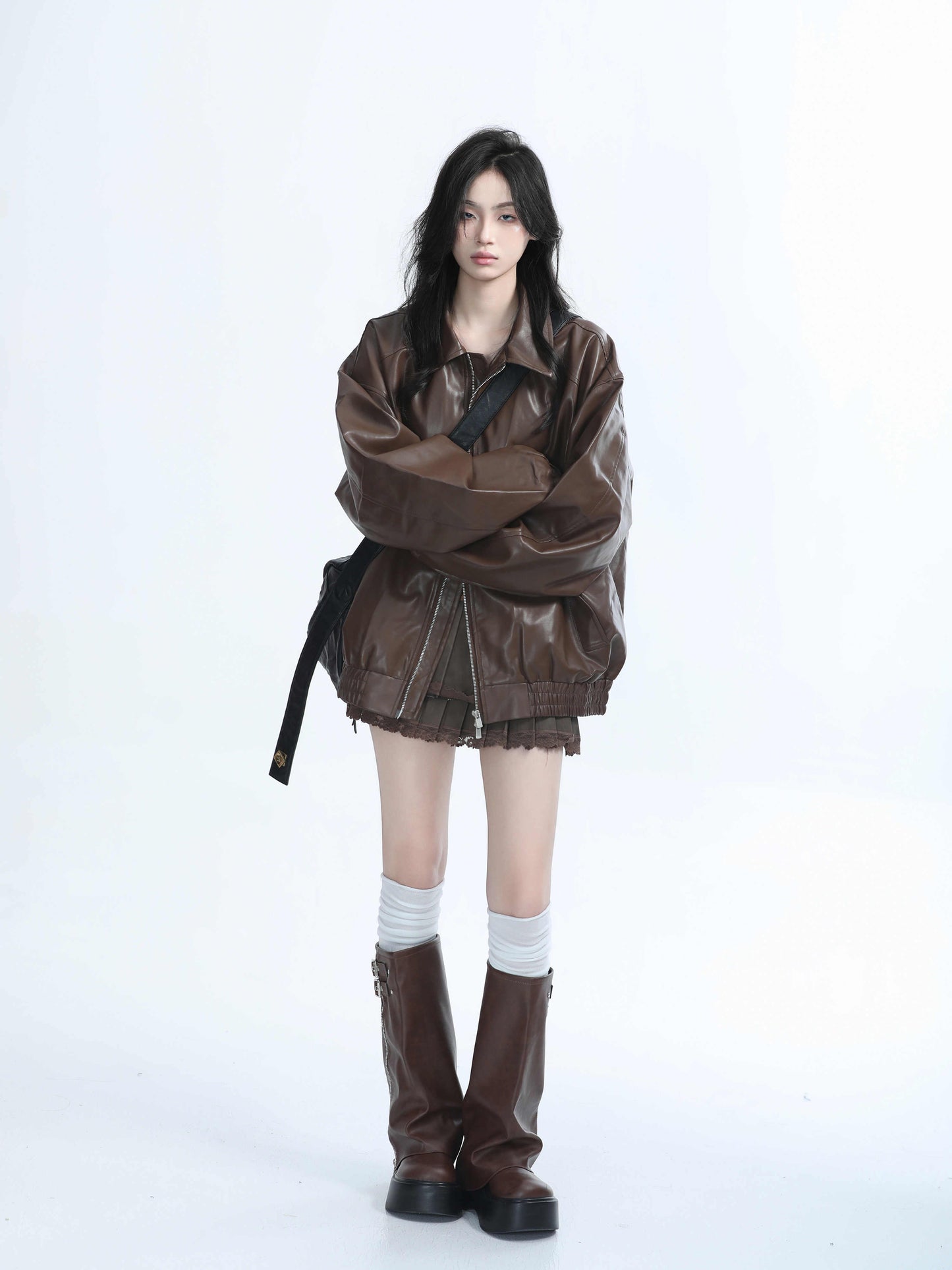 Brown Motorcycle PU Leather Coat Female Loose Jacket LadyShow.Store