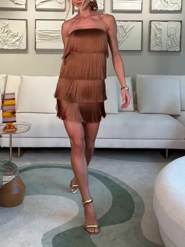 Brown Strapless Tiered Fringe Mini Dress NorixaFashion.com