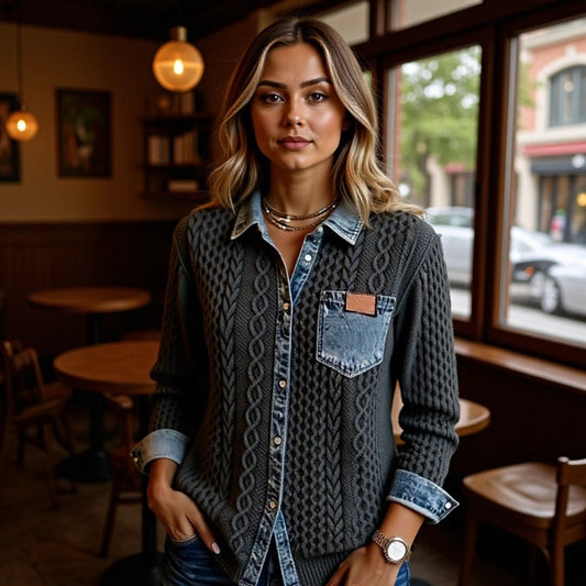 Women's Fashion Knit-and-jean Patchwork Shirt For Fall And Winter LadyShow.Store