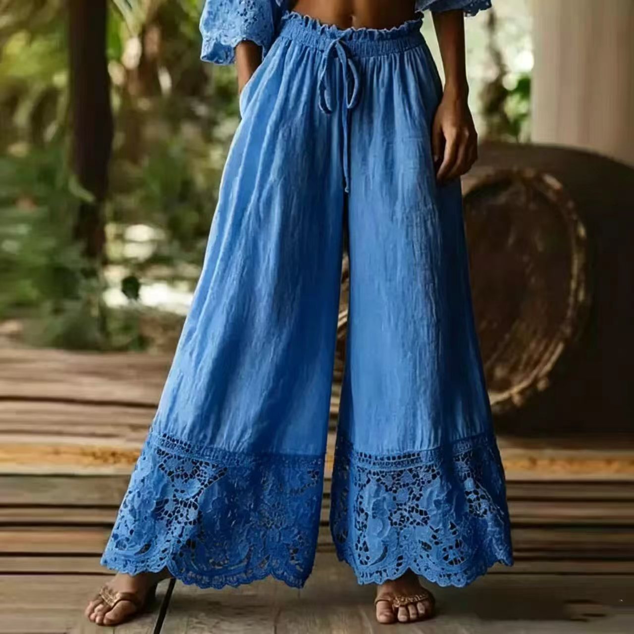 Fashionable Solid-Colored Lace-Trimmed Womens Pants NorixaFashion.com