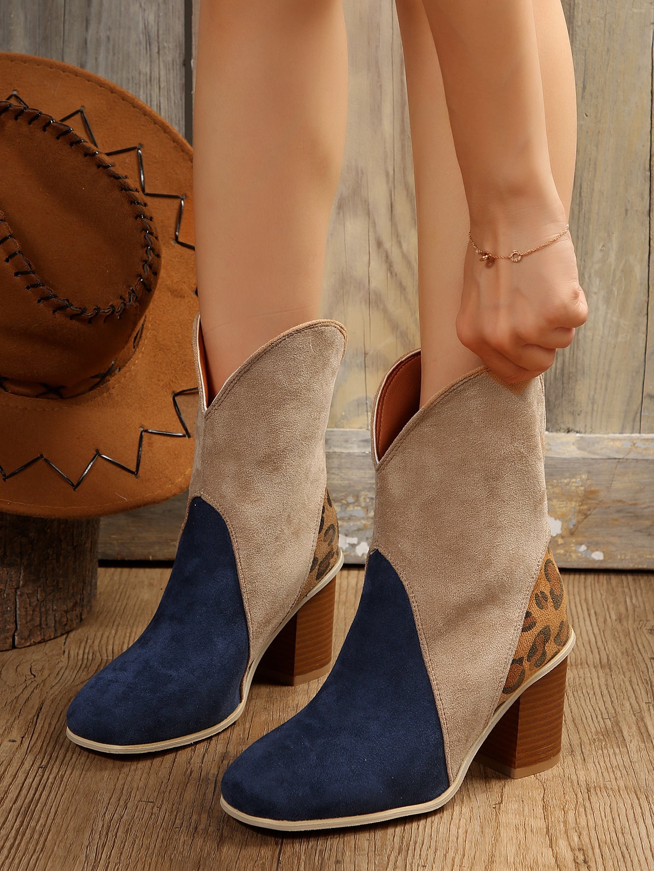 Fashion Splicing Suede Boots Retro Pointed-toe Square High Heel Mid-calf Boots For Women Fall And Winter Shoes LadyShow.Store