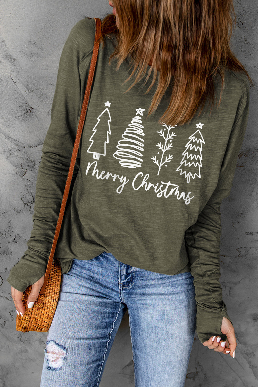 Thea Merry Christmas Trees Thumbhole Sleeve Graphic Tee LuxuryLifeWay Online Store