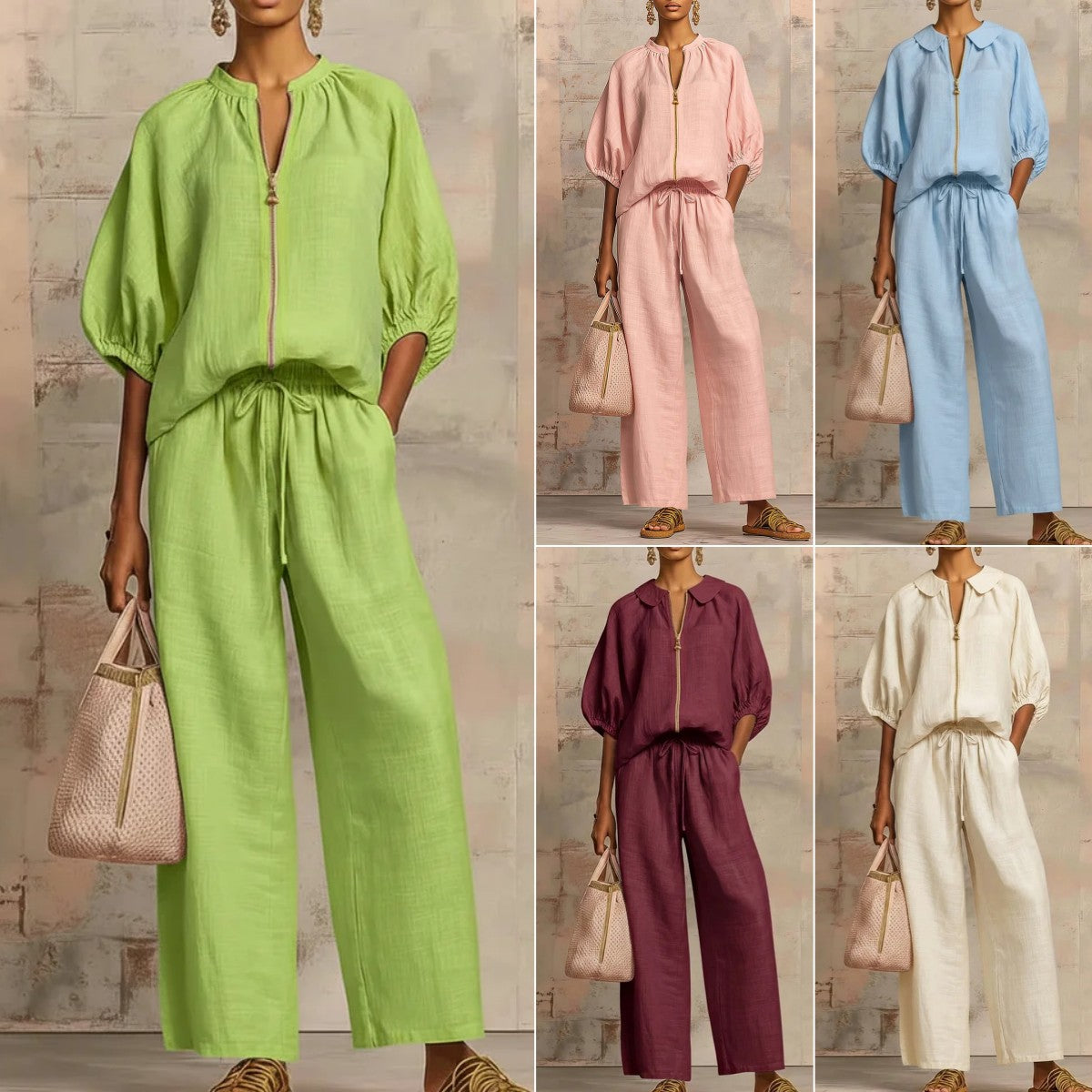 Solid-color Casual Loose-fitting Zip-up Sweatshirt And Straight-leg Pants Set NorixaFashion.com