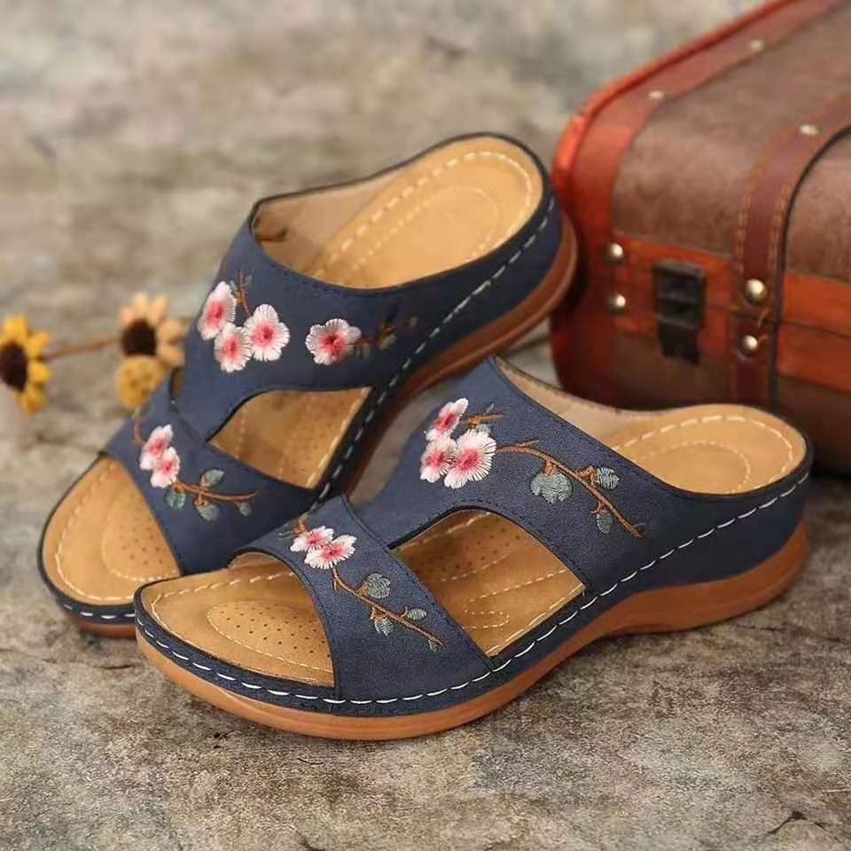 Wedge Heel Retro Stitched Embroidered Ethnic Style Women's Platform Slippers LadyShow.Store