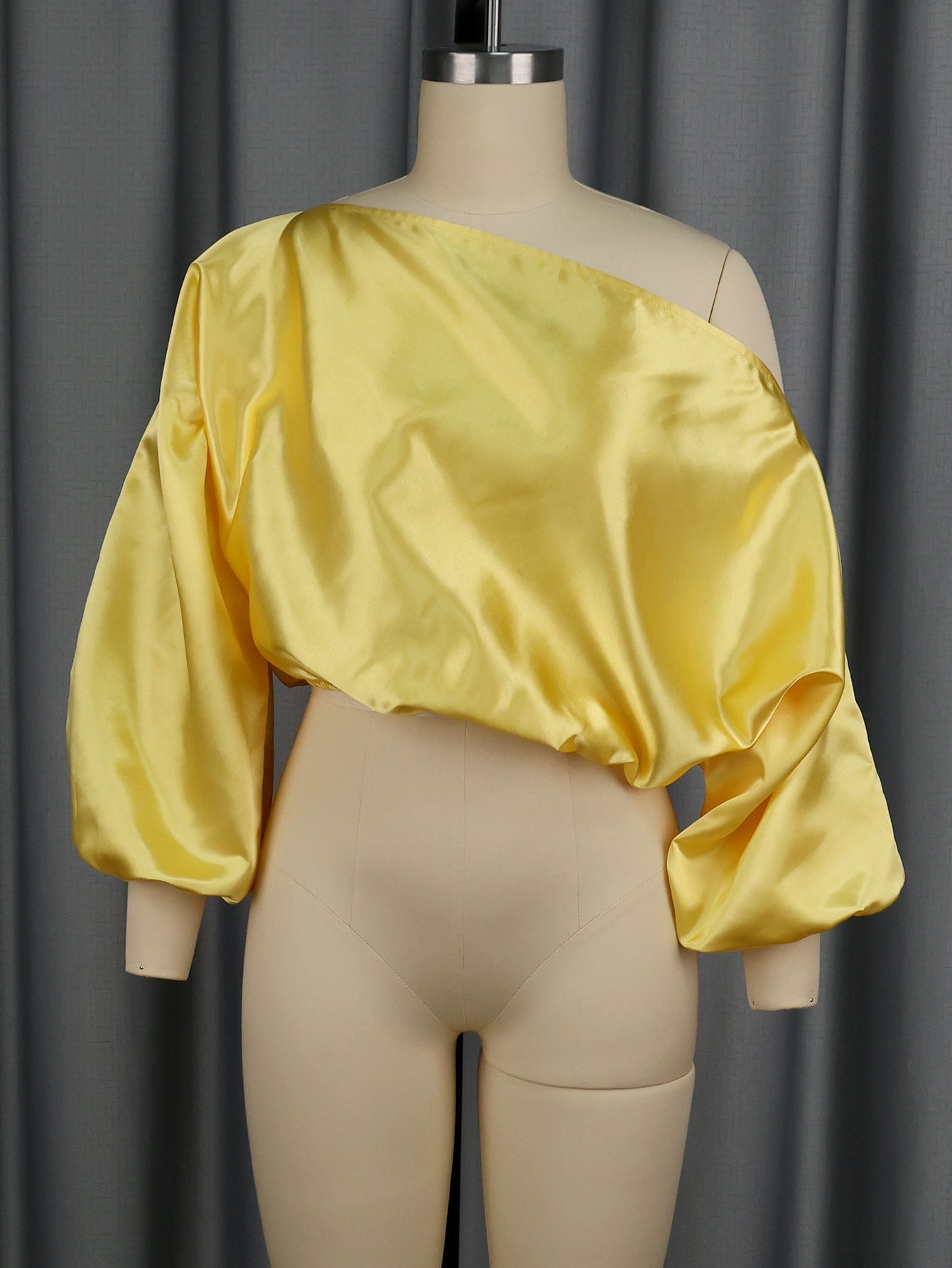 One Shoulder Balloon Puff Sleeve Cropped Blouse NorixaFashion.com