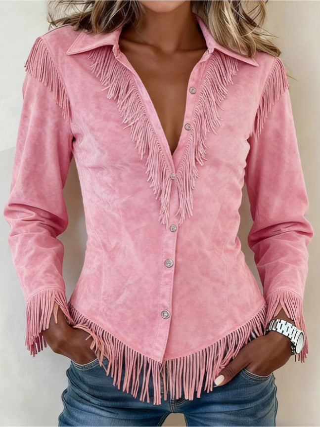 Western Cowboy-Style Suede Fringe Slim-Fit Long-Sleeve Shirt NorixaFashion.com