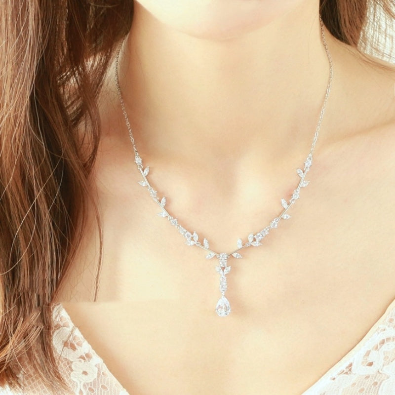 Simple Bridal Zircon Wedding Handmade Ornament Necklace And Earrings Suite LadyShow.Store