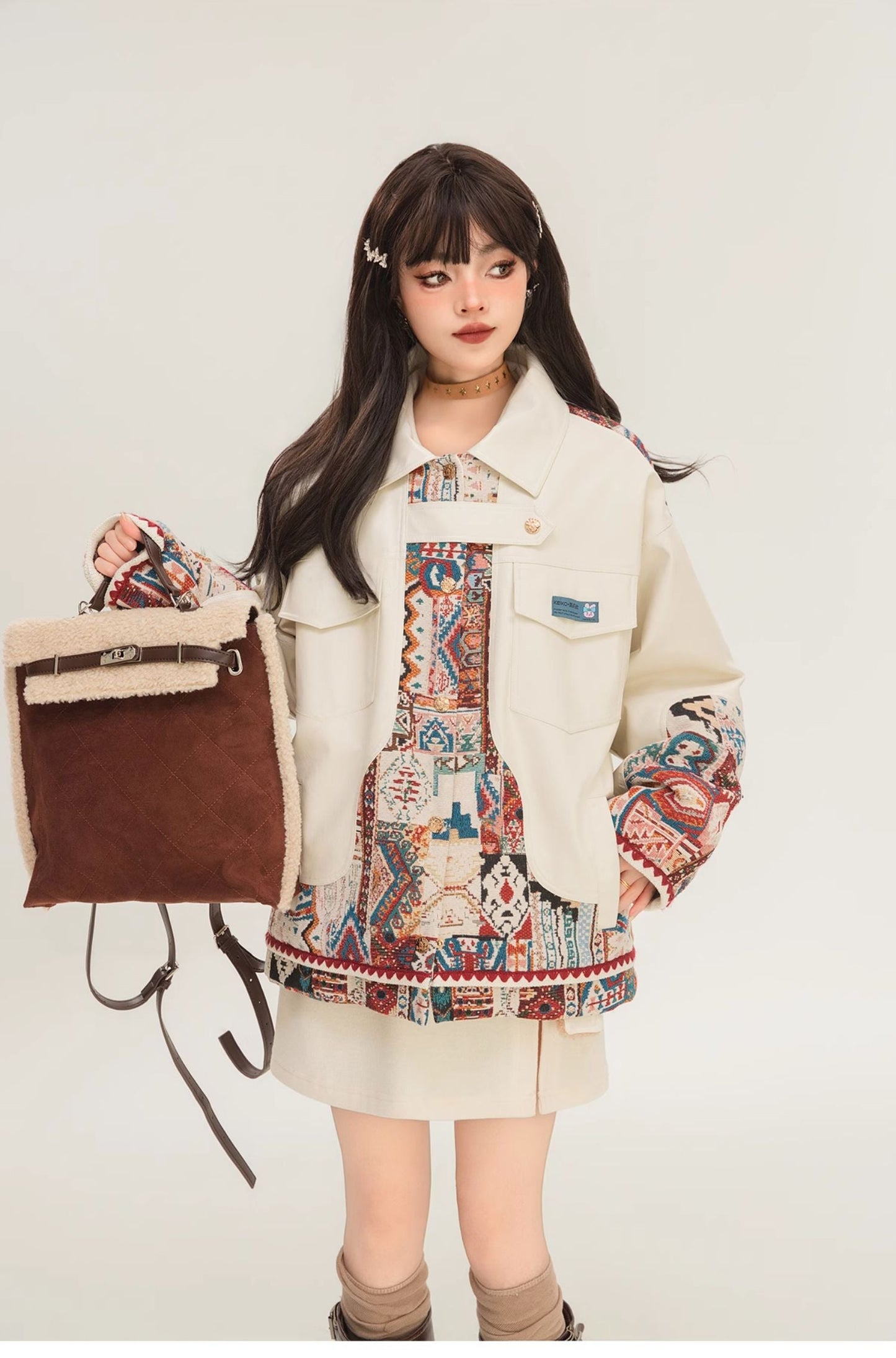 Jacquard Splicing Motorcycle PU Leather Jacket LadyShow.Store