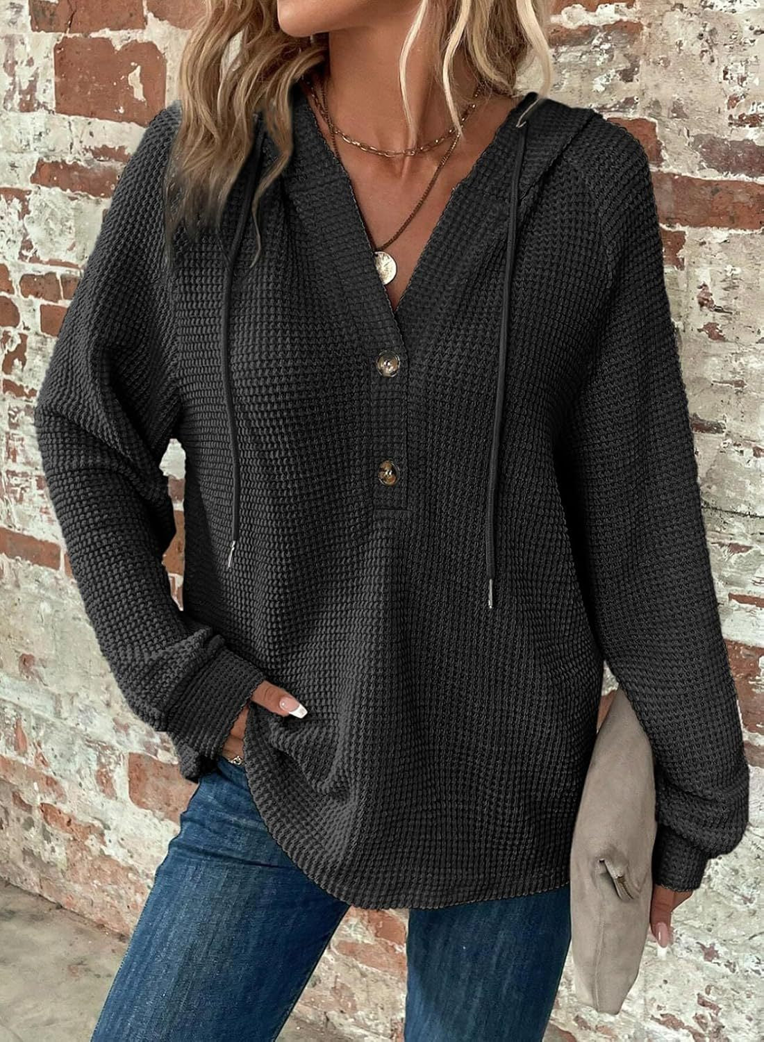 Waffle Hooded Sweater Sweatshirt Fashion Casual Long-sleeved Drawstring V-neck Buttons Top Women's Clothing NorixaFashion.com