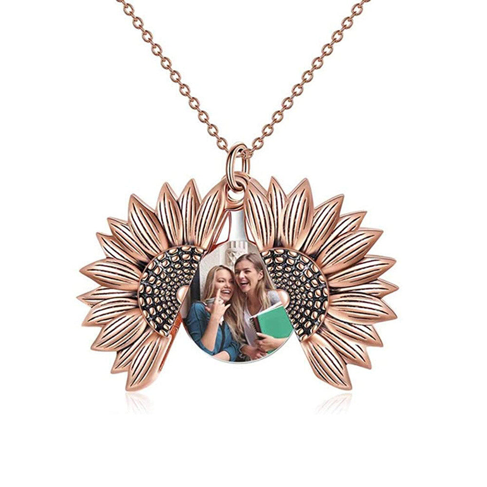 925 Sterling Silver Sunflower Photo Locket Necklace You Are My Sunshine Engraved Pendant LadyShow.Store