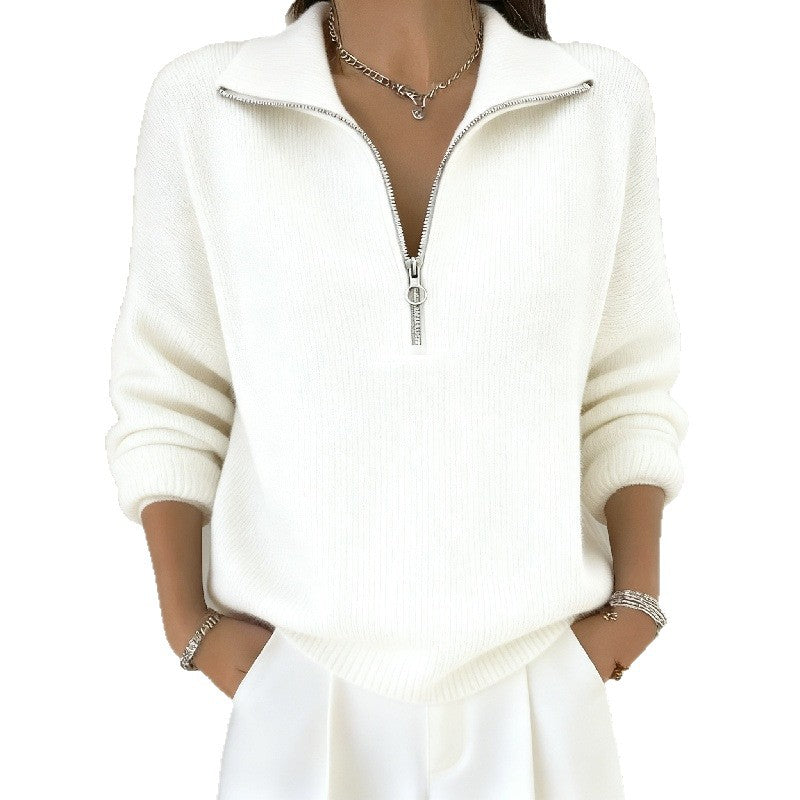 Womens Slimming Casual Fashionable, Versatile Knitted Sweater With A Zippered Lapel NorixaFashion.com