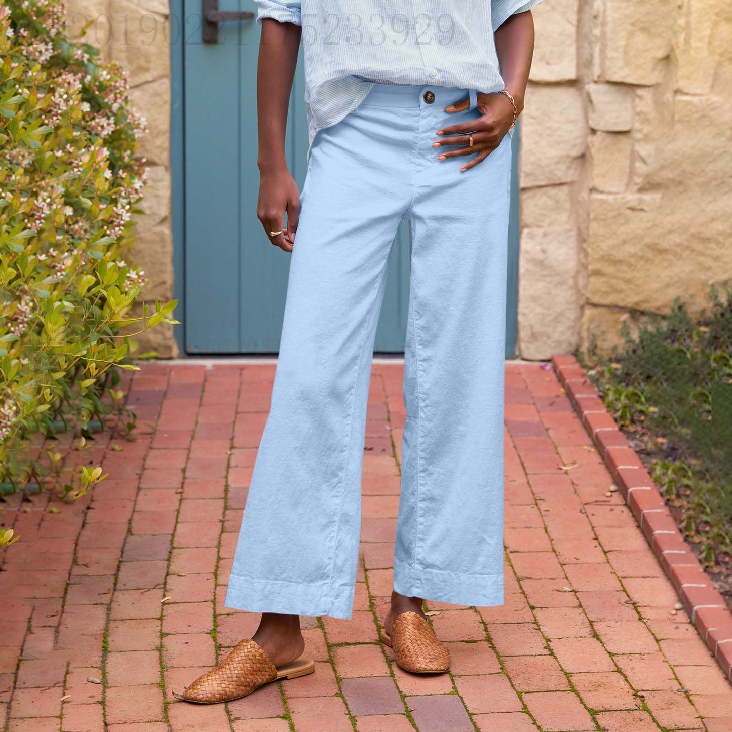 European And American Style High-Waisted Solid Color Cropped Flared Loose Wide-Leg Womens Trousers With Buttons NorixaFashion.com