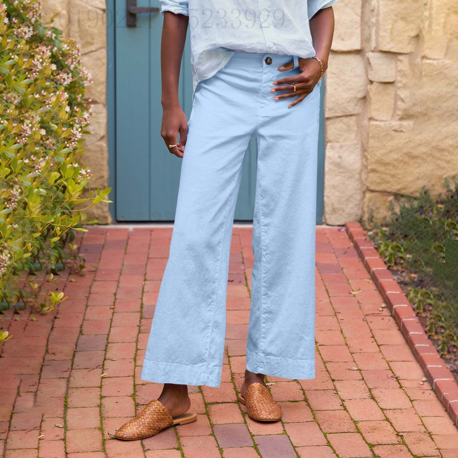 European And American Style High-Waisted Solid Color Cropped Flared Loose Wide-Leg Womens Trousers With Buttons NorixaFashion.com