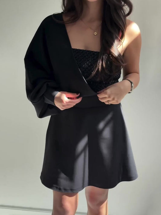 Black Two-Piece Set With Textured Strapless Top And Flared Mini Skirt NorixaFashion.com