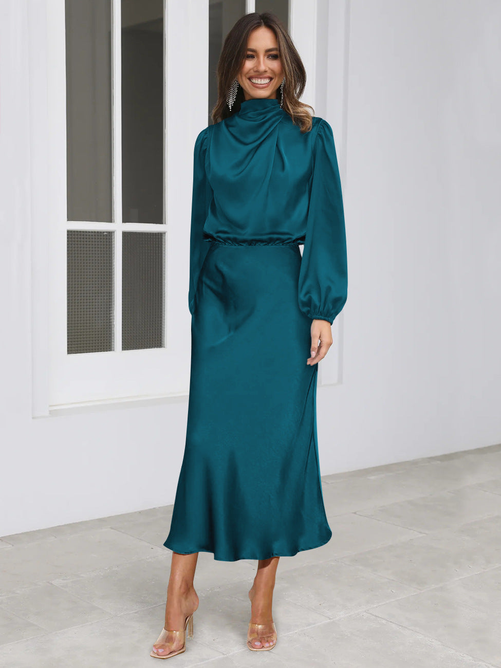 Elegant Temperament Long-sleeved Dress Satin Halterneck Formal Evening Dresses Women Clothing LadyShow.Store