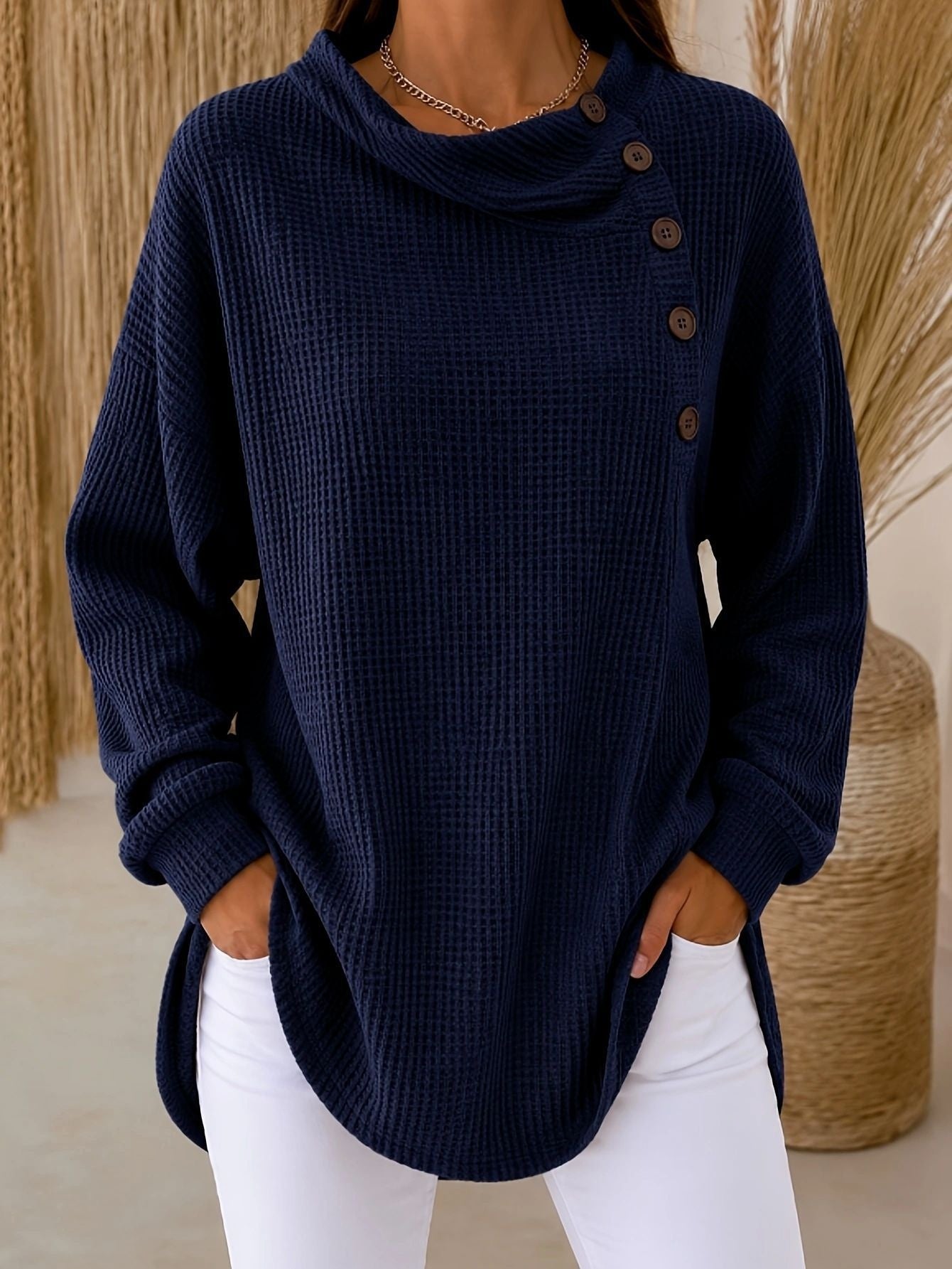 Womens Solid-Color Waffle-Weave Long-Sleeve Button-Up Casual Shirt Comfortable Top NorixaFashion.com