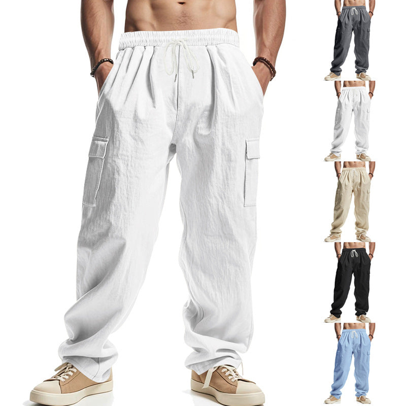 Men's Workwear Multi-pocket Straight Linen Pants Linen Four Seasons Thin Breathable Cargo Pants, Multi-pocket Loose Casual Trendy Wide-leg Pants NorixaFashion.com