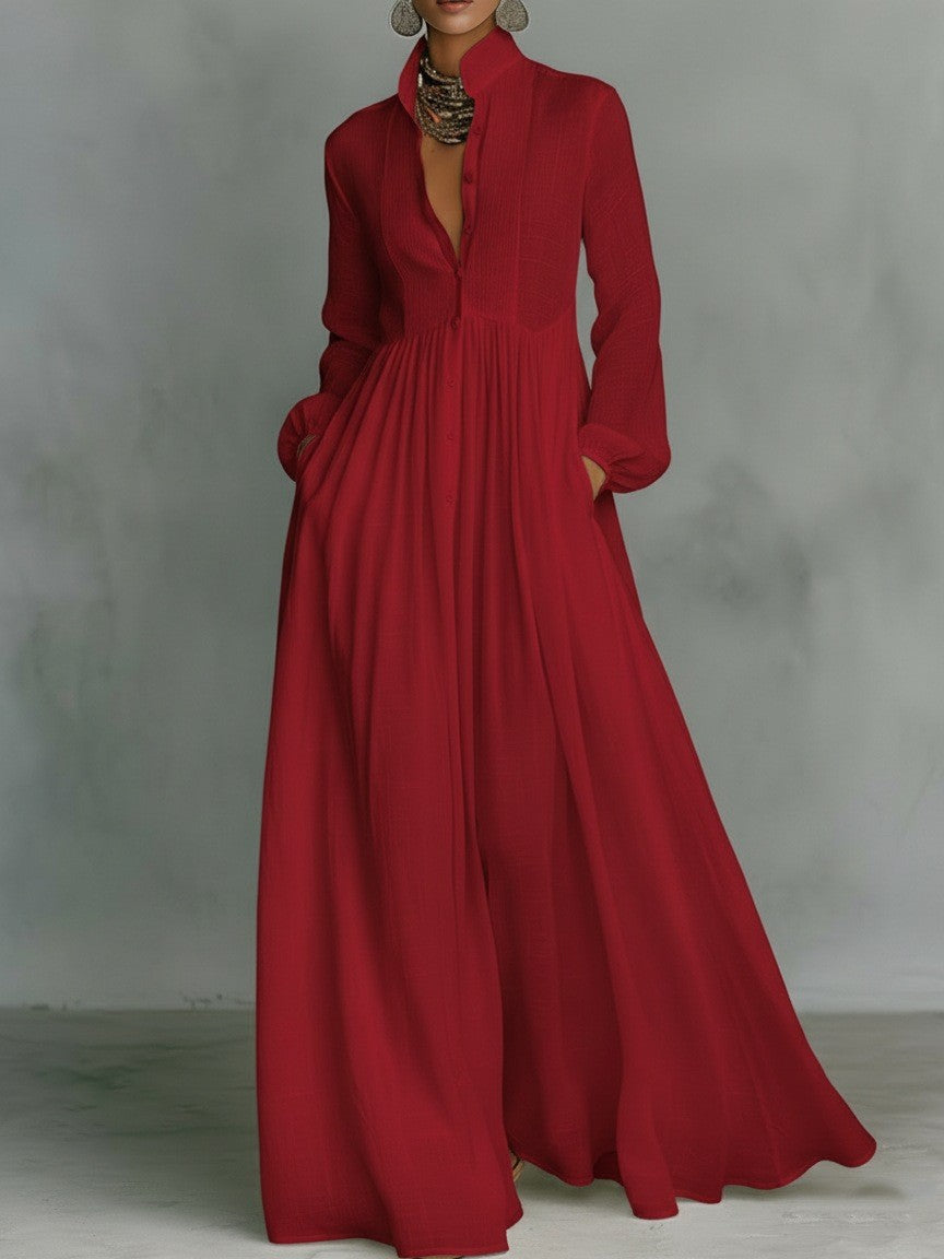 Elegant Stand Collar Button Down Maxi Dress - Long Sleeve Pleated Flowy Gown With Pockets NorixaFashion.com