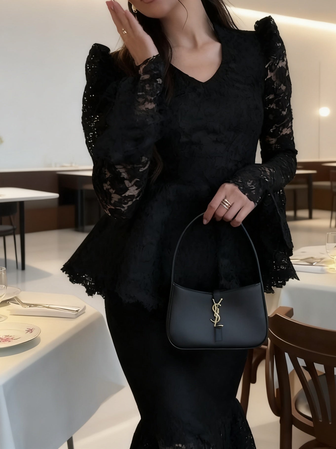 Glamorous Black Lace Peplum Top & Midi Skirt Set NorixaFashion.com