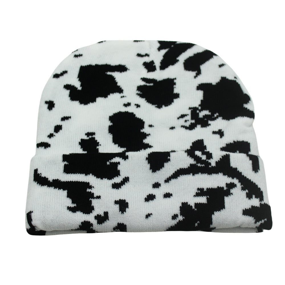 Winter Warm Cow Pattern Knitted Hat For Men And Women Curled Edge Woolen Hat