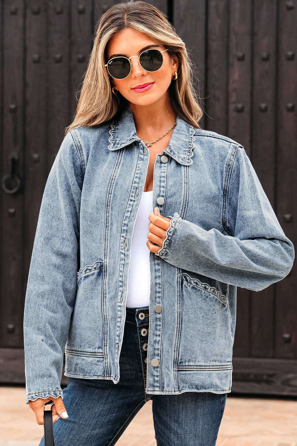 Brooklyn Scallop Trim Button Up Denim Jacket LuxuryLifeWay Online Store