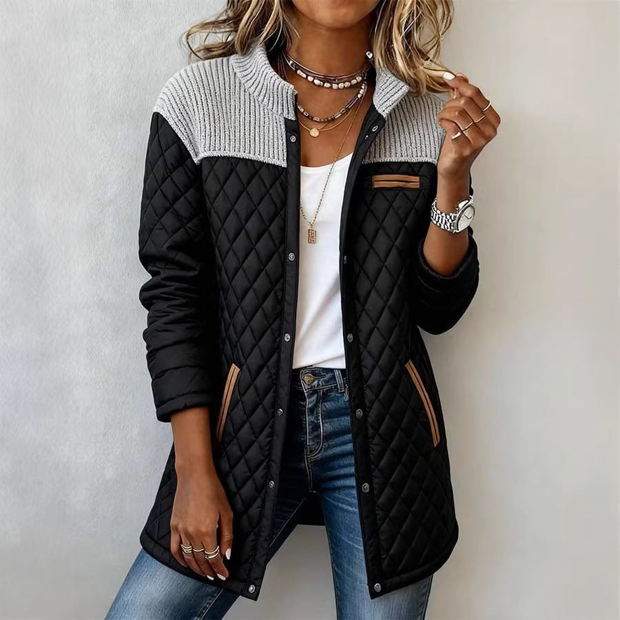 European And American Patchwork Off-shoulder Long Sleeve Pocketed Relaxed-fit Diamond Quilted Jacket NorixaFashion.com