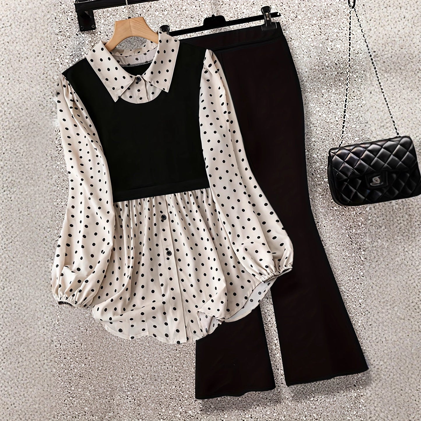 Polka Dot Patchwork Fake Two-piece Long-sleeved Shirt Leggings LadyShow.Store