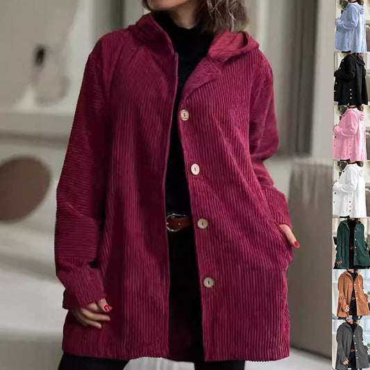 Women's Corduroy Hooded Jacket Fashion Warm Pockets Button Mid-length Top Casual Fall Winter Outwear Clothing LuxuryLifeWay Online Store