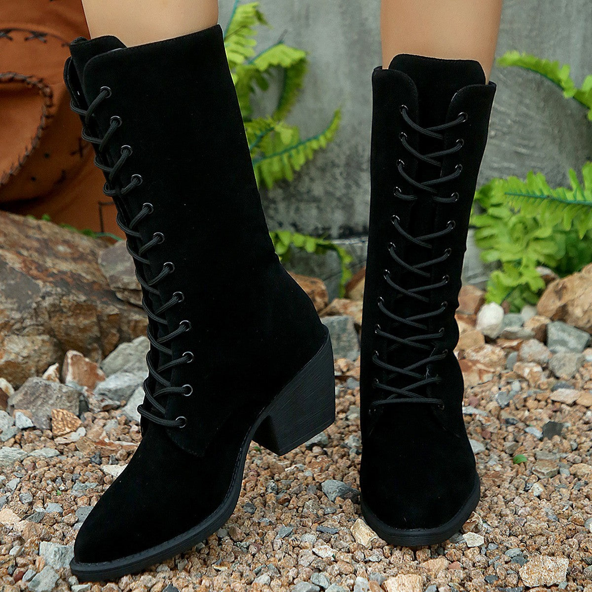 Mid-calf Fashion Suede Lace-up Pointed Chunky Heel Women's Boots LadyShow.Store
