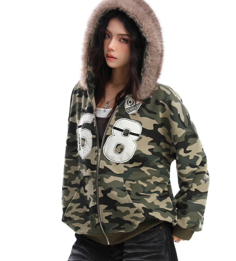 Camouflage Fur Collar Hooded Sweater Best YouTube Store
