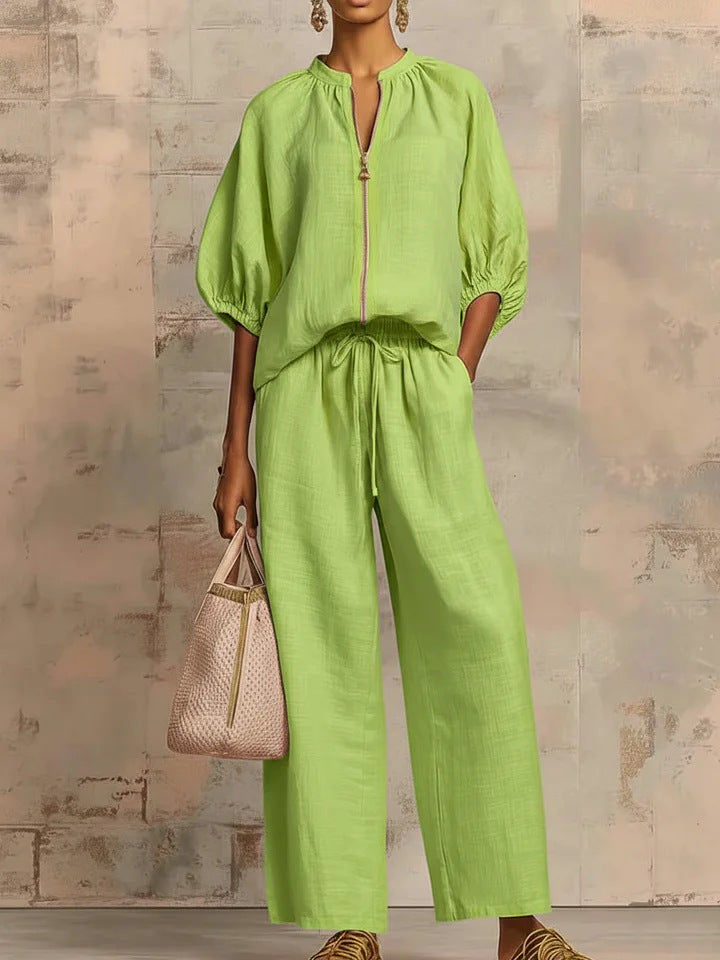 Solid-color Casual Loose-fitting Zip-up Sweatshirt And Straight-leg Pants Set NorixaFashion.com