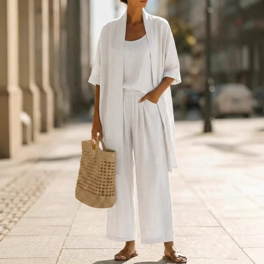 Three-piece Suit Women's Mid-length Cardigan Tank Top And Straight-leg With Pockets Fashion Trousers Set NorixaFashion.com