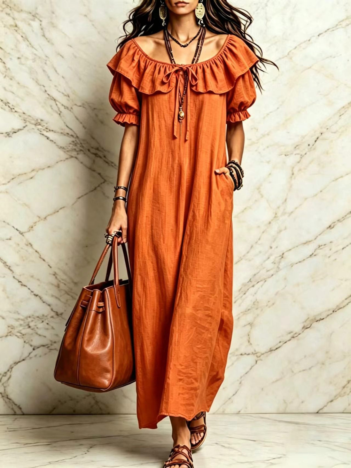 Summer 2026 Women's New Round Neck Ruffled Casual Seaside Vacation Dress From Europe And America NorixaFashion.com