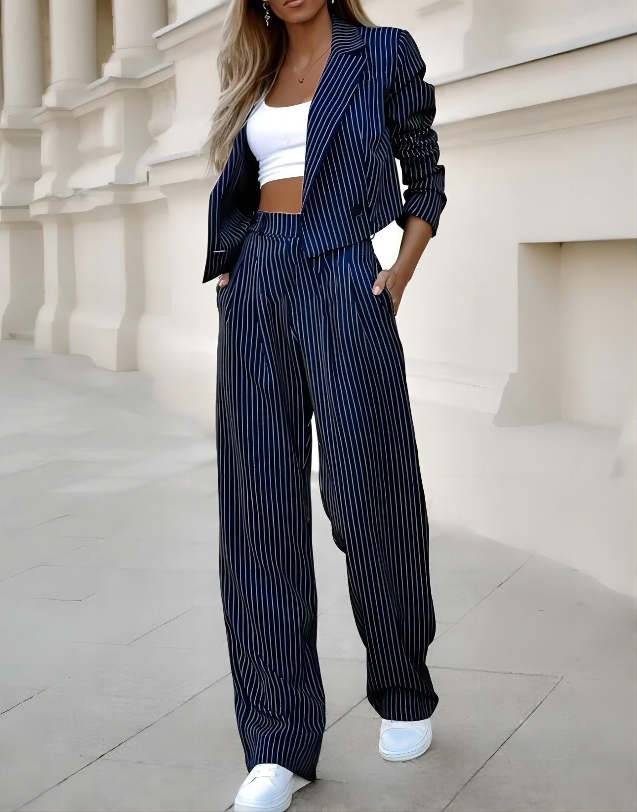 Women's Spring Fashion Striped Suits Casual Lapel Long Sleeve Cropped Top And Straight Pants Outfits Women's Clothing LadyShow.Store