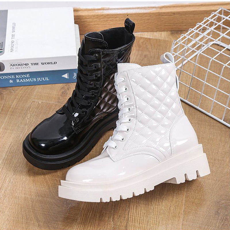 Lace-up Thick-heeled Boots Winter Casual Round Toe Platform Ankle Boots Women Fashion Quilted Pattern Minimalist Motorcycle Shoes LadyShow.Store
