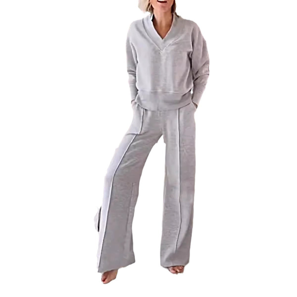V-neck Long Sleeve Loose Top Wide Leg Pants Two-piece Set NorixaFashion.com