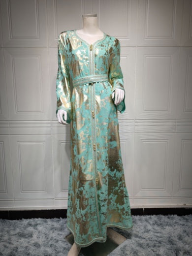 Muslim Bronzing Robe Women's Two Piece Belted Dress LadyShow.Store