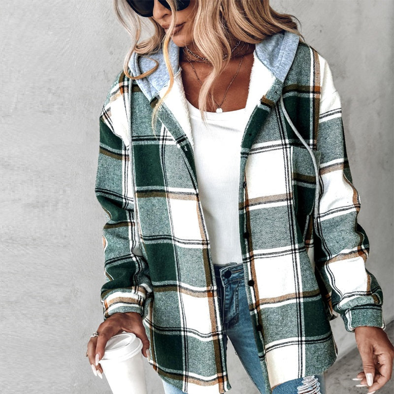 Plaid Hooded Jacket Fashion Casual Button Pocket Coat Autumn And Winter Women's Clothing LuxuryLifeWay Online Store