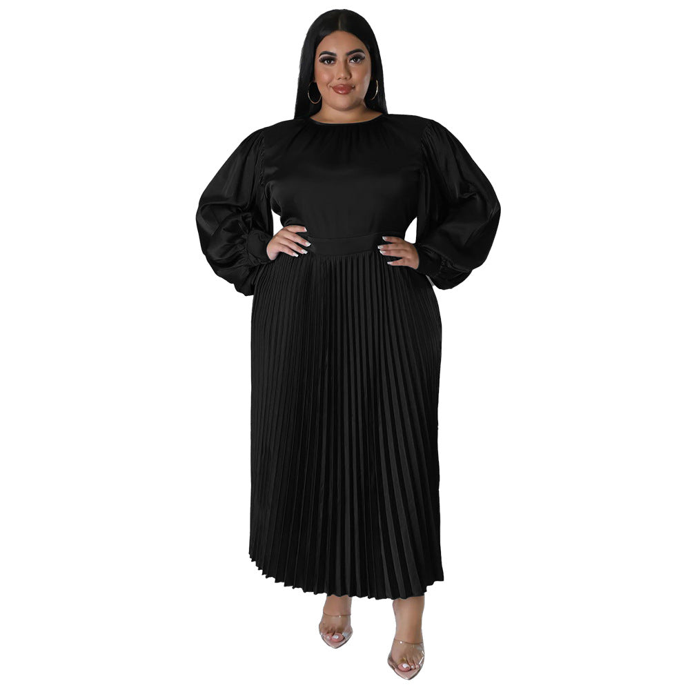 Pleated Round-neck Long Dress Women NorixaFashion.com
