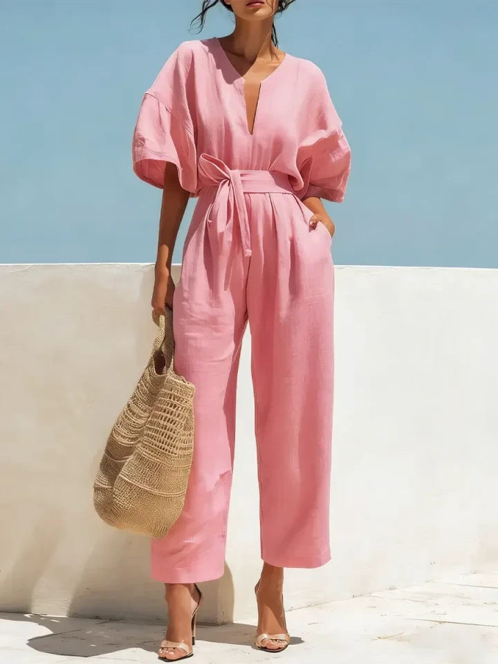 Fashionable V-Neck Solid Color Cotton-Linen Jumpsuit For Women LadyShow.Store
