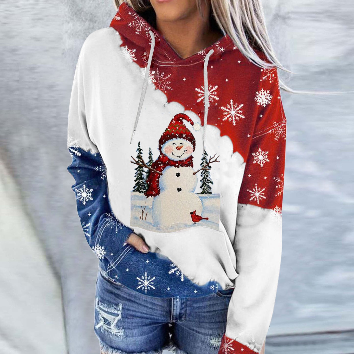 Snowman Print Crew Neck Hoodie Long Sleeve Sweatshirt