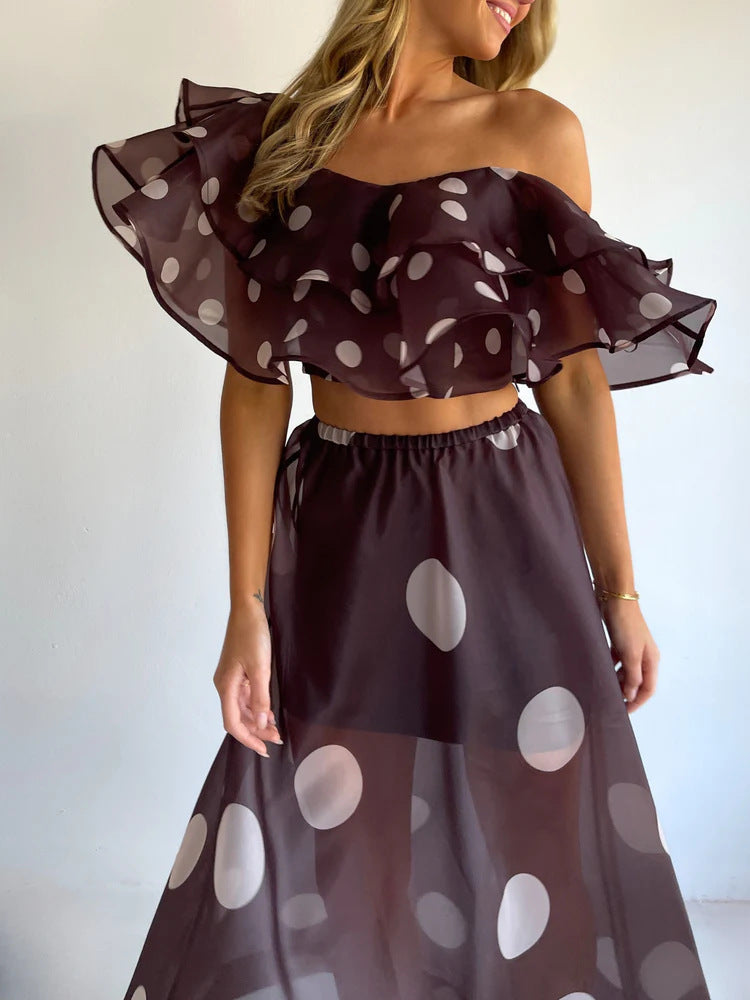 Sexy Strapless Irregular Print Ruffled Fashion Suit Long Dress NorixaFashion.com