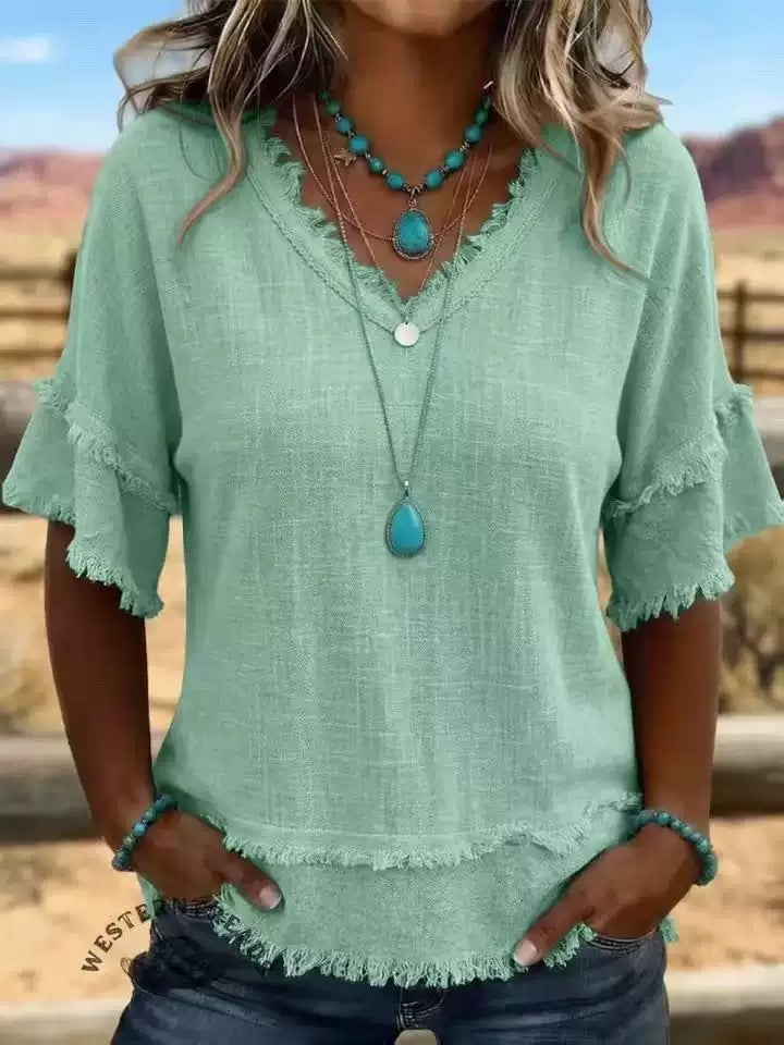 Casual Women's Shirt V-Neck Short Sleeve Loose Fit Pure Color Summer Fashion Trend Pullover Tops For Daily Wear LadyShow.Store
