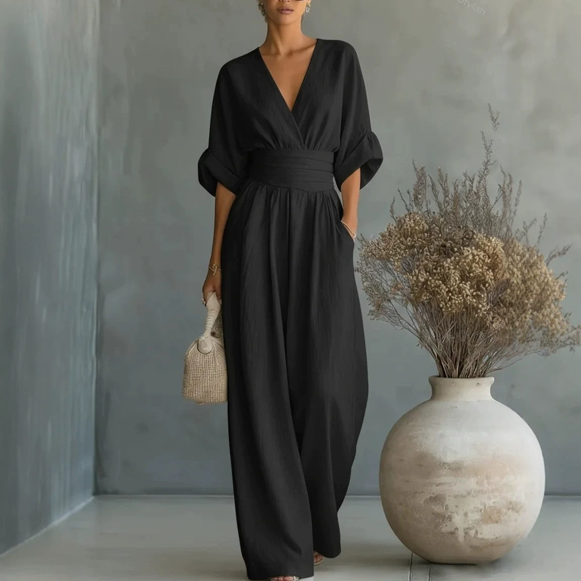 Summer Short-sleeved Jumpsuit Fashion Casual V-Neck Wide-Leg Pants Womens Clothing LadyShow.Store