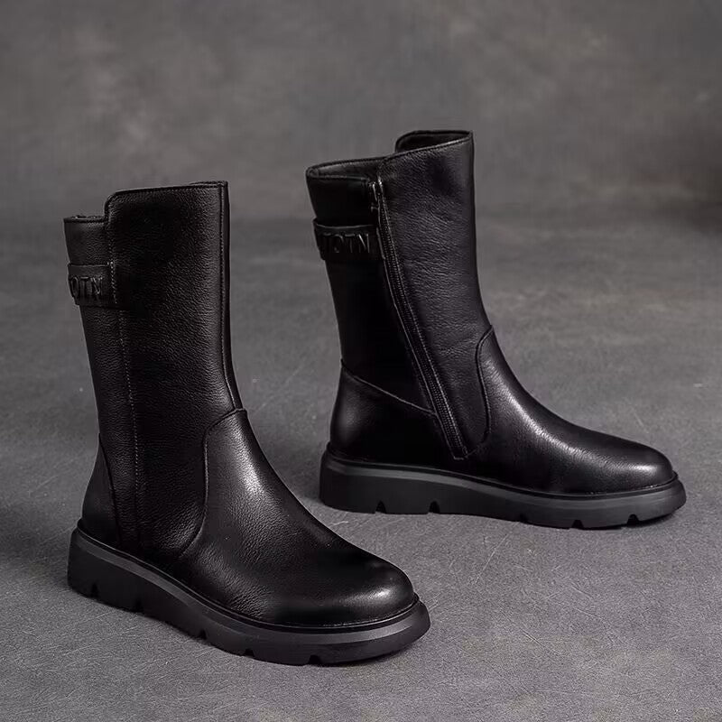Round-toe Solid-color High-top Mid-calf Short Boots With Side Zipper LadyShow.Store
