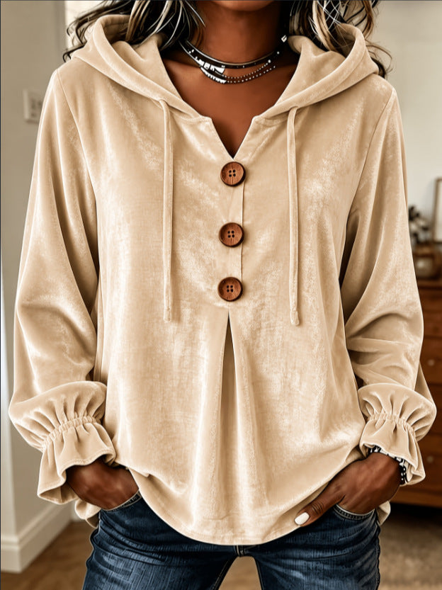 Annuo  2026 Women Casual Button Drawstring Hoodie, European American Style Long Sleeve Top NorixaFashion.com