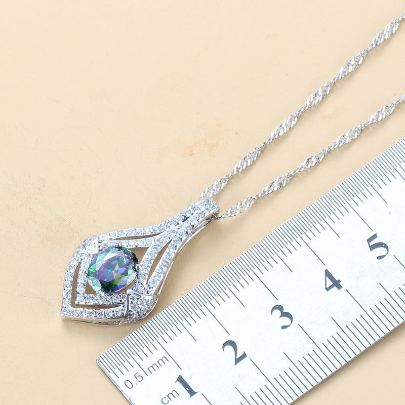 Inlaid Gemstone Pendant Earrings Necklace And Ring For Women 4 PCs Set LadyShow.Store