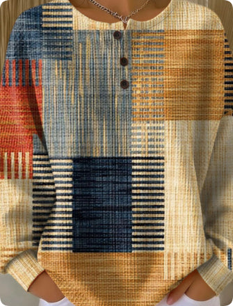 Retro 3D Digital Print Three-button Stand Collar Top