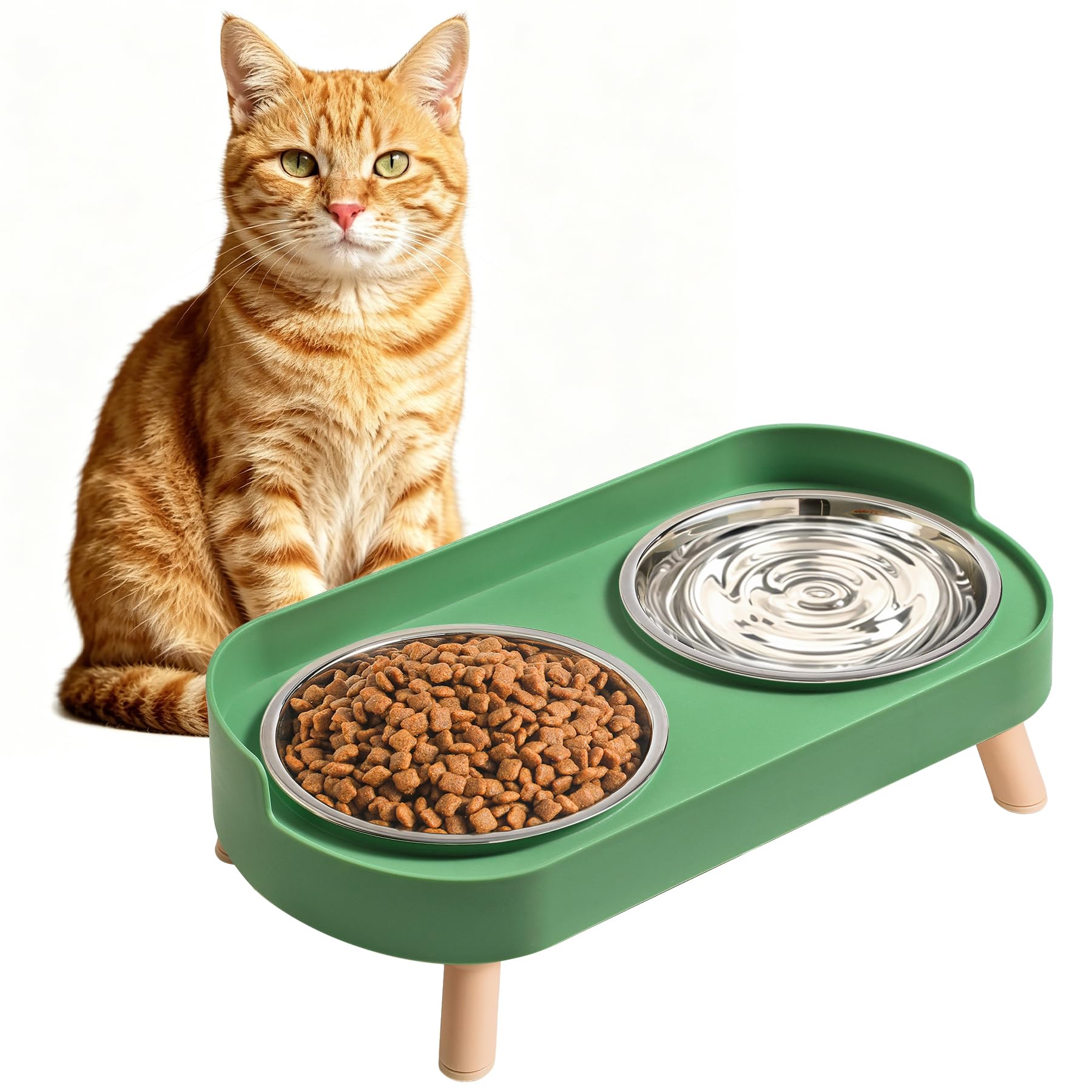 Elevated Cat Bowls Set - Raised Cat Food And Water Bowl Set With Non Slip Stand - Pet Feeding Station With 2 Stainless Steel Bowls Pets Fashion