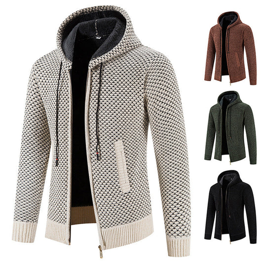 Knitwear Men's Hooded Sweater Fleece-lined Velvet-added Thickness Fleece-lined Warm Cardigan Coat LadyShow.Store
